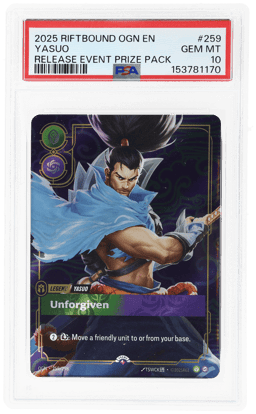 2025 Riftbound: League of Legends Origins Promo Unforgivenrelease Event Prize Pack Yasuo #259 PSA 10