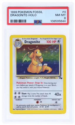 1999 POKEMON FOSSIL #4 DRAGONITE-HOLO PSA 8