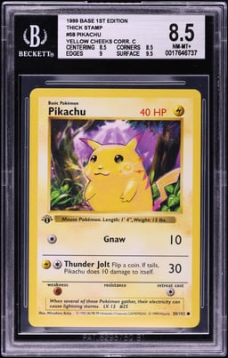 1999 Pokemon Base Set Shadowless 1st Ed Thick Stamp Yellow Cheeks Pikachu #58 BGS 8.5 NM-MT+