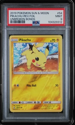 2019 POKEMON SUN & MOON UNBROKEN BONDS #54 PIKACHU-REVERSE FOIL PSA 9