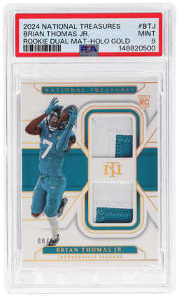 2024 National Treasures Rookie Dual Materials Holo Gold Brian Thomas Jr. #RDMBTJ 8/10 PSA 9