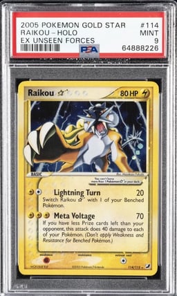 2005 POKEMON EX UNSEEN FORCES GOLD STAR #114 RAIKOU-HOLO PSA 9