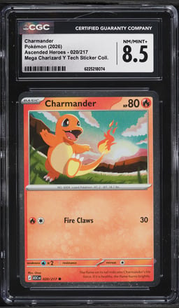 2026 Pokemon Mega Ascended Heroes Mega Charizard Y Tech Sticker Charmander #20 CGC 8.5 NM-MT+