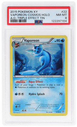 2015 Pokemon XY Ancient Origins Cosmos Holo Triple Effect Tin Vaporeon #22 PSA 8