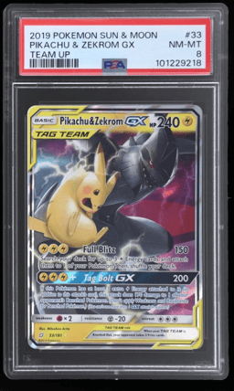 2019 Pokemon Sun and Moon Team Up Pikachu/Zekrom Gx #33 PSA 8