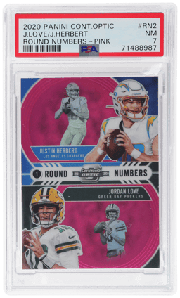 2020 Panini Contenders Optic Round Numbers Pink Jordan Love/Justin Herbert #2 40/75 PSA 7