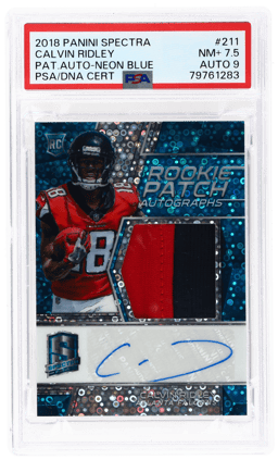 2018 Panini Spectra Rookie Patch Autograph Neon Blue Calvin Ridley #211 13/75 PSA 7.5