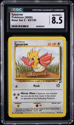 2000 Pokemon Base Set 2 Spearow #92 CGC 8.5 NM-MT+