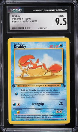 1999 Pokemon Fossil 1st Edition Krabby #51 CGC 9.5 MINT+