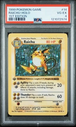 1999 POKEMON BASE SET 1ST EDITION #14 RAICHU-HOLO PSA 4