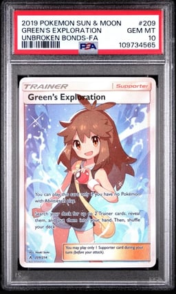 2019 POKEMON SUN & MOON UNBROKEN BONDS #209 FULL ART/GREEN'S EXPLORATION PSA 10