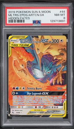2019 Pokemon Sun & Moon Hidden Fates Holo Moltres & Zapdos & Articuno GX #44 PSA 8 NM-MT