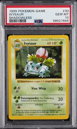 1999 POKEMON GAME SHADOWLESS #30 IVYSAUR PSA 10