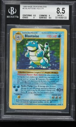 1999 Pokemon Base Set Shadowless Holo Blastoise #2 BGS 8.5 NM-MT+
