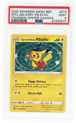 2020 Pokemon Sword and Shield Black Star Promo Pokemon Center Canada Holo Special Delivery Pikachu #SWSH074 PSA 9
