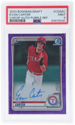 2020 Bowman Draft Chrome Draft Pick Autograph Purple Refractor Evan Carter #CDAEC 160/250 PSA 9