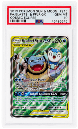 2019 Pokemon Sun and Moon Cosmic Eclipse Blastoise/Piplup Gx #215 PSA 10