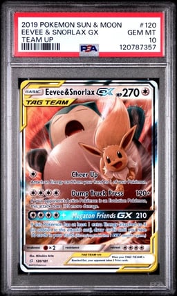 2019 POKEMON SUN & MOON TEAM UP #120 EEVEE & SNORLAX GX PSA 10
