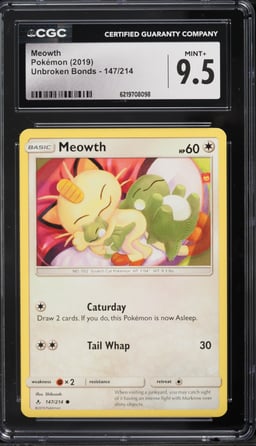 2019 Pokemon Sun & Moon Unbroken Bonds Meowth #147 CGC 9.5 MINT+