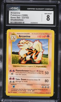 1999 Pokemon Base Set Shadowless Arcanine #23 CGC 8 NM-MT