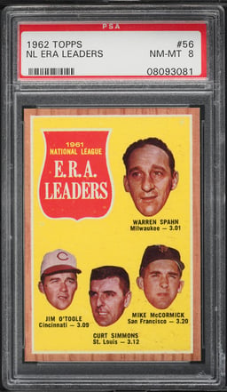 1962 Topps Warren Spahn Jim O'Toole McCormock NL ERA LDRS #56 PSA 8 NM-MT