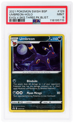 2021 Pokemon Sword and Shield Black Star Promo Evolving Skies Three Pack Blisters Holo Umbreon #129 PSA 9
