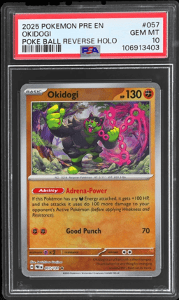 2025 Pokemon Scarlet and Violet Prismatic Evolution Pokeball Reverse Holo Okidogi #057 PSA 10