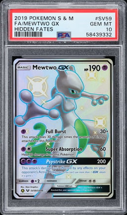 2019 Pokemon Sun & Moon Hidden Fates Full Art Shiny Mewtwo GX #SV59 PSA 10 GEM MINT