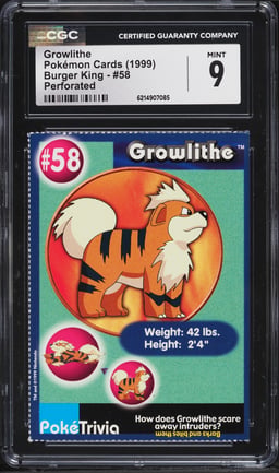 1999 Pokemon Burger King Perforated Growlithe #58 CGC 9 MINT