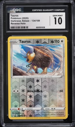 2020 Pokemon SWSH Darkness Ablaze Reverse Holo Tauros #134 CGC 10 GEM MINT