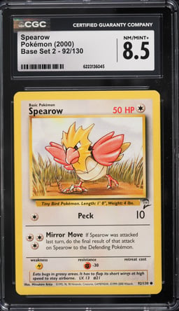 2000 Pokemon Base Set 2 Spearow #92 CGC 8.5 NM-MT+