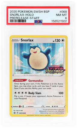 2020 Pokemon Sword and Shield Black Star Promo Prerelease Staff Snorlax #068 PSA 8