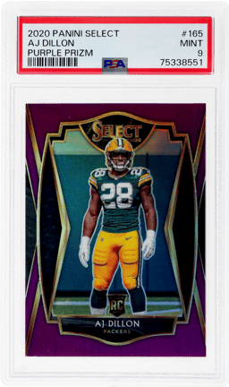 2020 Panini Select Premier Level Purple Prizm A.J. Dillon #165 67/75 PSA 9