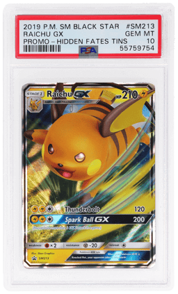 2019 Pokemon Sun and Moon Black Star Promos Hidden Fates Tins Raichu Gx #SM213 PSA 10