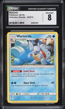 2019 Pokemon Sun & Moon Unbroken Bonds Wartortle #34 CGC 8 NM-MT