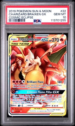 2019 POKEMON SUN & MOON COSMIC ECLIPSE #22 CHARIZARD & BRAIXEN GX PSA 10