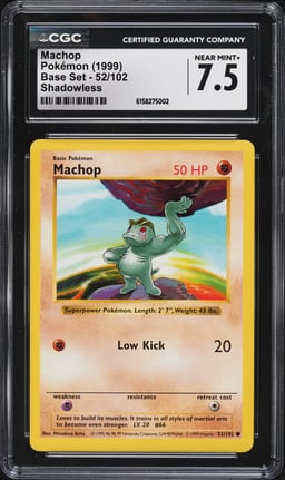 1999 Pokemon Base Set Shadowless Machop #52 CGC 7.5 NRMT+