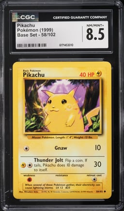 1999 Pokemon Base Set Yellow Cheeks Pikachu #58 CGC 8.5 NM-MT+