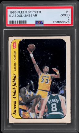 1986 Fleer Sticker Kareem Abdul-Jabbar #1 PSA 2