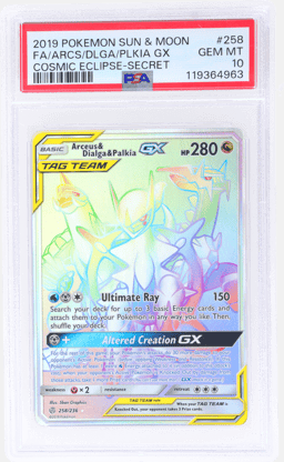 2019 Pokemon Sun and Moon Cosmic Eclipse Secret Rare Arceus/Dialga/Palkia Gx #258 PSA 10