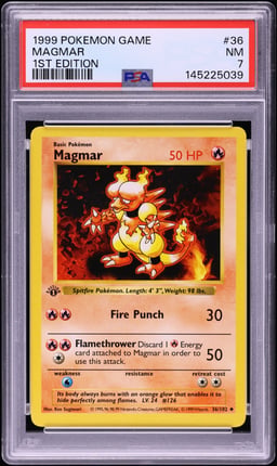 1999 Pokemon Base Set Shadowless 1st Edition Magmar #36 PSA 7 NRMT
