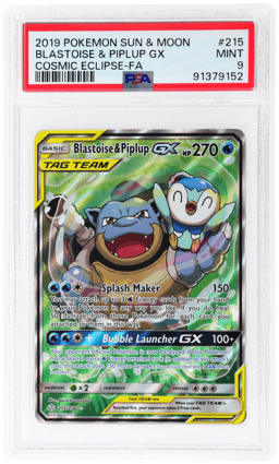 2019 Pokemon Sun and Moon Cosmic Eclipse Blastoise/Piplup Gx #215 PSA 9