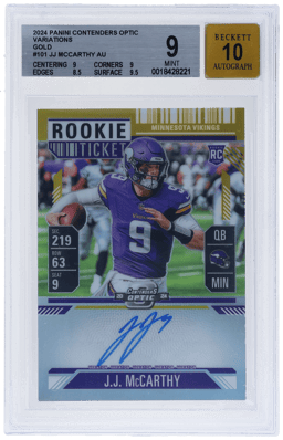 2024 Panini Contenders Optic Rookie Ticket Variation Autograph Gold JJ Mccarthy #101 5/10 BGS 9