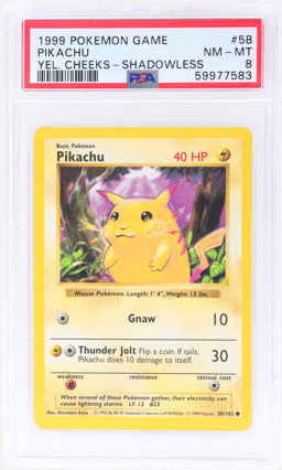 1999 Pokemon Base Set Yellow Cheeks Shadowless Pikachu #58 PSA 8