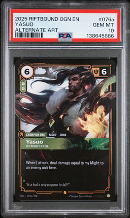 2025 RIFTBOUND: LEAGUE OF LEGENDS OGN-ORIGINS 076a YASUO - REMORSEFUL ALTERNATE ART PSA 10