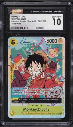 2025 One Piece Premium Booster Best Vol.2 SR Monkey D. Luffy #OP07-109 CGC 10 GEM MINT