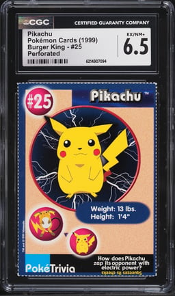 1999 Pokemon Burger King Perforated Pikachu #25 CGC 6.5 EXMT+