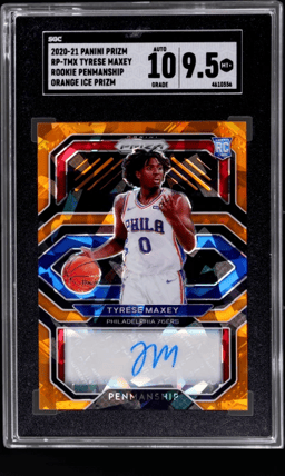 2020 Panini Prizm Rookie Penmanship Orange Ice Prizm Tyrese Maxey #RP-TMX SGC 9.5
