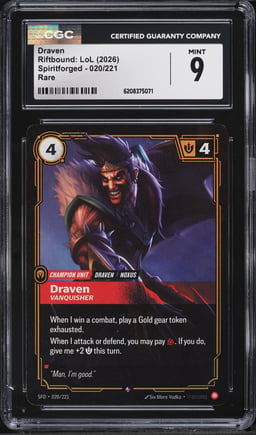 2026 Riftbound League Of Legends LoL Spiritforged Draven #20 CGC 9 MINT