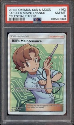 2018 Pokemon Sun & Moon Celestial Storm #162 Full Art Bill's Maintenance PSA 8